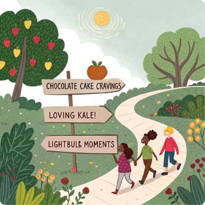 three girls walking  winding road with apple tree and flowers with sign pointing t
