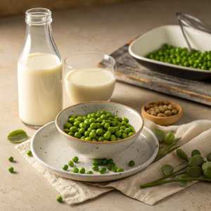 soy beans and soy milk in glass bottle