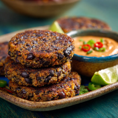 Three black bean burgers on platter