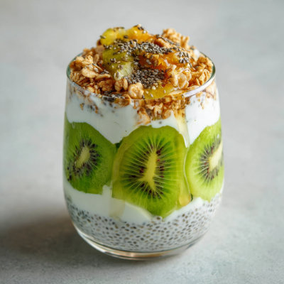 A layered parfait with kiwi slices, yogurt, and granola, in a glass, on a white background with a NutrientShield logo.