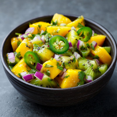 A salsa with diced kiwi, red onion, and cilantro