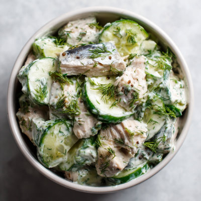 A fresh salad with mackerel, cucumber, and yogurt dressing, on a white background with a NutrientShield logo.
