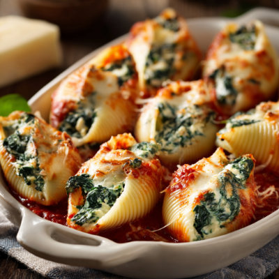 Pasta shells stuffed with ricotta and spinach, topped with sauce