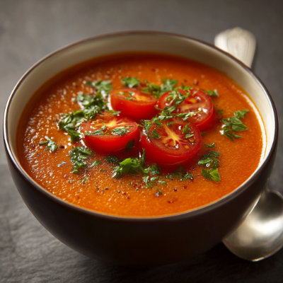 A bowl of tomato soup with basil.